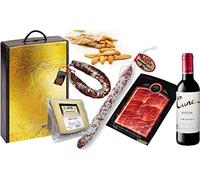 Lote Regalo. 1 Cuña Queso Curado , 1 Chorizo Salamanca, 1 Fuet Can Duran, 1 Paq. Jamón Ibérico cortado a mano, 1 Botella vino Cune 18,70 cl y bolsa Picos de Pan.