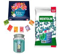Lote respira: MENTOLIN EXTRA FUERTE S/A BOLSA 1KG + Vela perfumada con flor tiare + Set de Te con 24 bolsitas con diferentes sabores y aromas