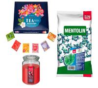 Lote respira: MENTOLIN EXTRA FUERTE S/A BOLSA 1KG + Vela perfumada de frutos rojos + Set de Te con 24 bolsitas con diferentes sabores y aromas