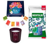 Lote respira: MENTOLIN EXTRA FUERTE S/A BOLSA 1KG + Vela perfumada rosa de silicona 170 g + Set de Te con 24 bolsitas con diferentes sabores y aromas