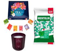 Lote respira: MENTOLIN HIERBABUENA S/A BOLSA 1KG + Vela perfumada rosa de silicona 170 g + Set de Te con 24 bolsitas con diferentes sabores y aromas