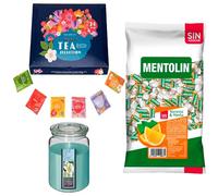 Lote respira: MENTOLIN NARANJA S/A BOLSA 1KG + Vela perfumada con flor tiare + Set de Te con 24 bolsitas con diferentes sabores y aromas