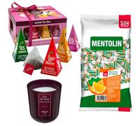 Lote respira: MENTOLIN NARANJA S/A BOLSA 1KG + Vela perfumada en vidrio rosa de silicona 170 g + Caja de Té Joyfull con variedad de sabores