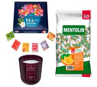 Lote respira: MENTOLIN NARANJA S/A BOLSA 1KG + Vela perfumada rosa de silicona 170 g + Set de Te con 24 bolsitas con diferentes sabores y aromas