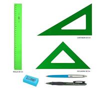 LOTE Técnico Juego de Regla + Escuadra y Cartabón de 30 Cm + REGALO de 1 portaminas 0,7mm + 1 Bolígrafo INOXCROM + Goma de borrar FC Dust-Free