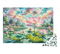 Lotus Flower Adult Jigsaws for Decompression Pink Lotus by Temple Educational Game Challenge Wall Decoration 70x50cm/1000pcs