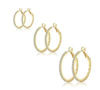 Lotus Karen Pendientes de aro chapados en oro de 14 quilates para mujer, 3 pares de aros hipoalergénicos, Plata