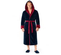 LOTUS LINEN BOSS - Bata de felpa para hombre - Colección de albornoz para hombre - Bata de spa con capucha, Azul marino-borgoña, Small