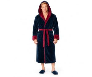 LOTUS LINEN BOSS - Bata de felpa para hombre - Colección de albornoz para hombre - Bata de spa con capucha, Azul marino-borgoña, Small