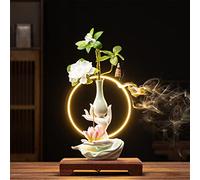 Lotus - Quemador de incienso de bergamota de reflujo, soporte de cerámica con anillo de luz LED, diseño de cascada para relajación del hogar, aromaterapia, meditación, alivio del estrés (color D)