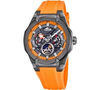 LOTUS Reloj Analógico Hombre con Fase Lunar de Caucho Naranja - Movimiento de Cuarzo - Calendario - Cristal Mineral de Alta Resistencia - Resistente al Agua 10 ATM - Multifunción 18946/3 Vortex