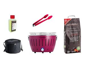 LotusGrill Juego de barbacoa de carbón vegetal pequeño y compacto con 1 kg de carbón vegetal de haya, 200 ml de pasta combustible, 1 cuchillo multiusos y 1 bolsa