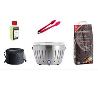 LotusGrill Juego de iniciación, 1 barbacoa con conexión USB, 1 paquete de carbón de haya de 1 kg, 1 paquete de pasta de combustión de 200 ml, 1 pinza para salchichas rojo fuego, 1 bolsa de transporte, barbacoa de carbón vegetal sin humo