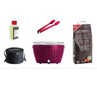 LotusGrill Juego de iniciación, 1 barbacoa con conexión USB, 1 paquete de carbón de haya de 1 kg, 1 paquete de pasta de combustión de 200 ml, 1 pinza para salchichas rojo fuego, 1 bolsa de transporte, barbacoa de carbón vegetal sin humo