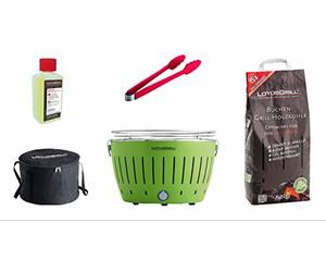 LotusGrill Juego de iniciación Classic, 1 x barbacoa verde lima, 1 x carbón de haya 2,5 kg, 1 x pasta de combustión 200 ml, 1 x pinzas, 1 x bolsa