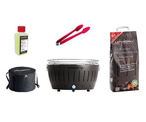 LotusGrill para juego de inicio 1x LotusGrill XL Gris antracita 1kg carbón madera de haya 200ml pasta de quema Pinzas de salchicha naranja Bolsa de transporte XL