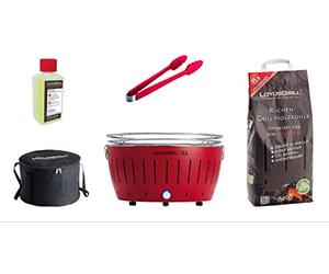 LotusGrill para juego de inicio 1x LotusGrill XL Rojo fuego 1x Carbón madera de haya 1kg,1x Pasta de quemar 200ml,1x Pinzas de salchicha Naranja,1x bolsa de transporte XL