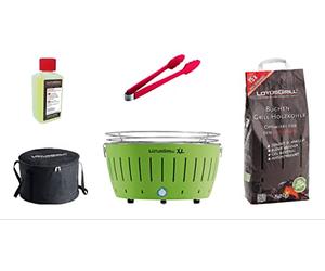 LotusGrill XL Starter Juego de 1 x lotusgrill XL cal verde 1 x haya Carbón vegetal 1 kg, 1 x quemar 200 ml, 1 x salchichas Alicate Naranja, 1 x bolsa
