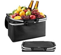 Lotvic Cesta de la compra plegable de 18 L, térmica, cesta de la compra, bolsa isotérmica, estructura de aluminio, asas y cremallera, cesta de la compra negra para viajes, pícnic, compras