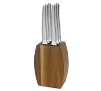 Lou Laguiole - Bloque de madera de acacia con 6 cuchillos para carne - Jet - Acero inoxidable 13 C, Acabado Arenado - 9 x 5 x 12 cm - Madera