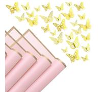 Loufy 20 hojas de papel de regalo de flores con borde dorado con 48 calcomanías de mariposa dorada 3D, ramo de floristería para manualidades