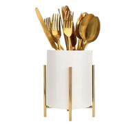 LOUIE SILNA Porta utensilios de cocina - Bote para utensilios cocina de cerámica y marco de metal- Soporte utensilios cocina redondo - oro y blanco - 10.5 x 10.5 x 15 cm