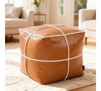 Louis Donné 17.7x17.7inch Unstuffed Pouf Ottoman Cover Moroccan Poofy Ottomans footrest Square OrangeFaux Leather FootStool with Storage Waterproof Easy Cleaning for Living Room (Only Cover No Filler)