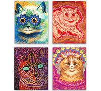 Louis Wain - Juego de 4 impresiones de gato psicodélico vintage para pared y decoración de pared, pinturas retro de gatos para dormitorio, sala de estar, cocina y oficina (8 x 10 pulgadas)