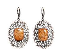 Louisiana - Pendientes de jaspe de madera de palmera de 18 x 13 mm, plata de ley chapada en oro rosa y rodio negro, aretes colgantes únicos de piedra de madera natural, regalo hecho a mano para ella