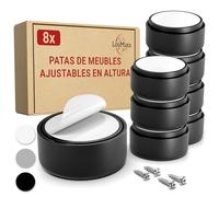 LouMaxx Patas para Muebles Adhesivos - Patas Ajustables Regulables en Altura 10mm - Elevador Mueble Ø 53,5mm Plástico - Set de 8 Patas Elevadoras Negro Incl. Material de Montaje