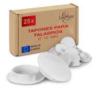 LouMaxx Tapas para Agujeros de Ø 15 mm - Set de 25 Tapones Ciegos de Plástico en Blanco - Tapas para Agujeros de Taladro Fabricadas en Europa - Tapones de Cobertura Resistentes a los Rayos UV de 15 mm