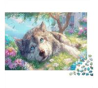 Loup couché Dans le Champ de Fleurs Puzzle Défi 1000 Pièces Pour Adultes, Jeux Éducatifs, Faune Sauvage Puzzle Cadeau Pratique Et Décoration De Maison 52x38cm/1000pcs