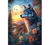 Loup Dans le Jardin Fleuri au Coucher de Soleil Puzzle 1000 Piezas Cartón Blanco Premium para Coleccionistas Mitos fantásticos Entrenamiento Memoria Hobby Colección Regalo Original 100