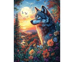 Loup Dans le Jardin Fleuri au Coucher de Soleil Puzzle 1000 Piezas Cartón Blanco Premium para Coleccionistas Mitos fantásticos Entrenamiento Memoria Hobby Colección Regalo Original 100