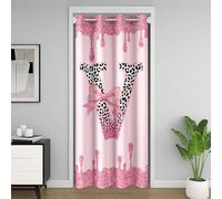 Loussiesd Bonita cortina de puerta con lazo rosa para ventana de puerta, 132 x 203 cm, con inicial en V, aislamiento térmico, separadores temporales de habitación, cinta de lazo, cubierta de armario