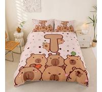 Loussiesd Divertida funda de edredón Capybaras tamaño Super King para niños y niñas, juego de ropa de cama transpirable suave con letra T inicial 3 piezas, decoración de dormitorio de animales kawaii