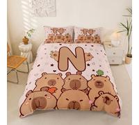 Loussiesd Divertida funda de edredón Capybaras tamaño Super King para niños y niñas, juego de ropa de cama transpirable suave con letra inicial N cubrecama 3 piezas Kawaii animales decoración