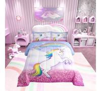 Loussiesd Dreamy Unicorn - Juego de colcha para mujer, tamaño individual, color rosa y morado, con 1 funda de almohada, microfibra suave, relleno de plumón para invierno y verano