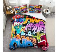 Loussiesd Graffiti Style Juego de ropa de cama para niños, diseño de hip hop, funda de edredón para niños y adolescentes, ilustración juvenil, 135x200 cm, funda nórdica de 2 piezas con cremallera