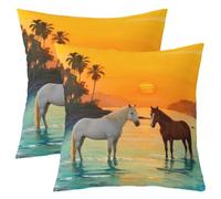 Loussiesd Juego de 2 fundas de cojín con diseño de caballo al galope de 40 x 40 cm, funda de cojín para sofá, funda de cojín kawaii, color naranja, blanco, marrón, decoración de dormitorio de niños y