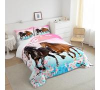 Loussiesd Juego de edredón para mujer, diseño de caballos galopantes, tamaño King, para niños, adolescentes, flores de cerezo, animales salvajes 3D
