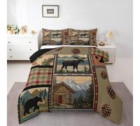 Loussiesd Juego de edredón rústico de oso alce, tamaño King, diseño retro de granjas, animales salvajes, animales salvajes, cabaña, caza, temática de huellas