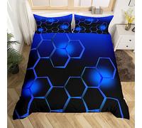 Loussiesd Juego de funda de edredón azul y negro con diseño geométrico de panal de abeja para niños y niñas, juego de funda de edredón geométrica de colmena de microfibra, ropa de cama individual