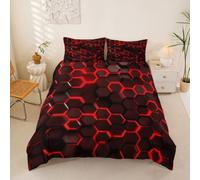 Loussiesd Juego de funda de edredón con diseño geométrico claro de panal de abeja para niños y niñas, colcha roja y negra, decoración de dormitorio, 3 piezas, cierre de cremallera y 2 fundas de