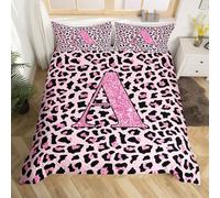 Loussiesd Juego de funda de edredón con estampado de leopardo, alfabeto personalizado, tamaño King, para niños y niñas, safari, guepardo, piel animal, letra A, 3 piezas con 2 fundas de almohada