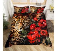 Loussiesd Juego de funda de edredón con estampado de leopardo para niñas y niños, diseño de guepardo rosa, tamaño Super King, decoración de habitación, safari, amarillo y rojo
