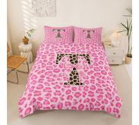 Loussiesd Juego de funda de edredón con estampado de leopardo rosa, tamaño doble, con letra T inicial para niños y niñas, colcha con lazo de guepardo, decoración de dormitorio, 3 piezas, cierre de