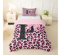 Loussiesd Juego de funda de edredón con estampado de leopardo rosa y negro, tamaño de cama para cuna, con letra inicial P, para niños y niñas, colcha de moño de guepardo, decoración de dormitorio, 2