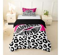 Loussiesd Juego de funda de edredón con estampado de leopardo y estampado de beso de leopardo, tamaño individual, para niños y niñas, color rosa, negro y blanco, diseño de guepardo Y2K, 2 piezas