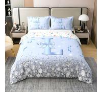 Loussiesd Juego de funda de edredón con lazo azul, 100 % algodón, tamaño Super King, con diamantes brillantes para niños y niñas, funda de edredón personalizada con inicial E, decoración de dormitorio